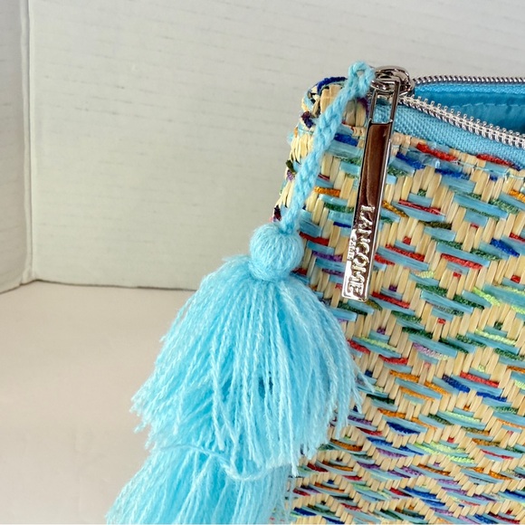 🆕 Lancome Luxe Woven Clutch – Aqua Tassel Zip Bag – Colorful Straw Weave 🆕 - Picture 13 of 16